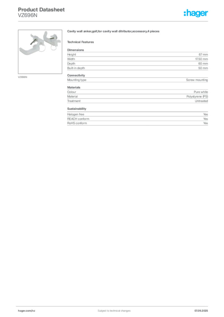Image Hager Product data sheet VZ696N  | Hager New Zealand