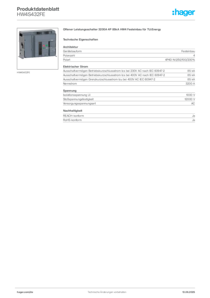 Bild Hager Produktdatenblatt HW4S432FE | Hager Deutschland