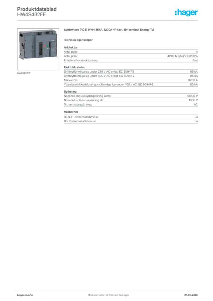 Bild Hager Produktdatablad HW4S432FE | Hager Sverige