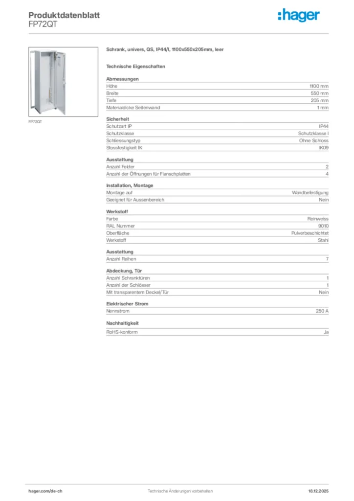 Bild Hager Produktdatenblatt FP72QT | Hager Schweiz