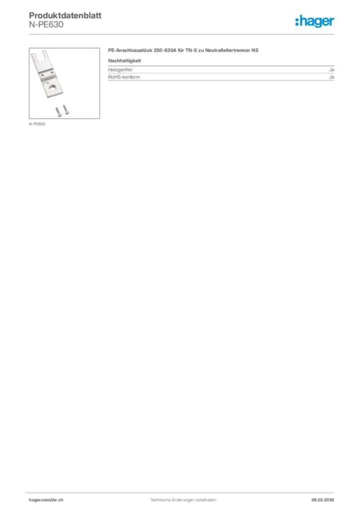 Bild Hager Produktdatenblatt N-PE630 | Hager Schweiz