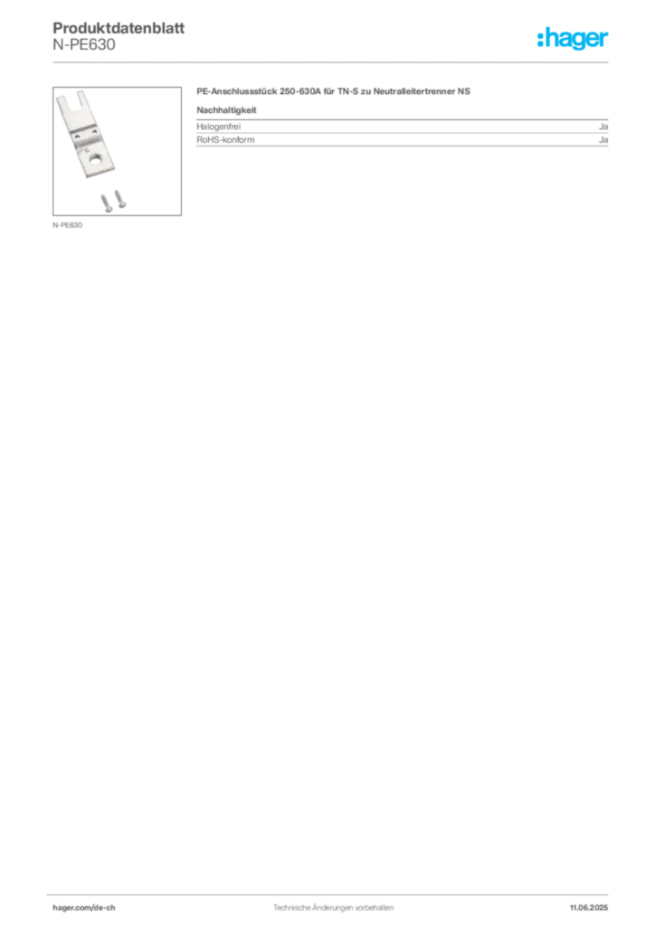 Bild Hager Produktdatenblatt N-PE630 | Hager Schweiz