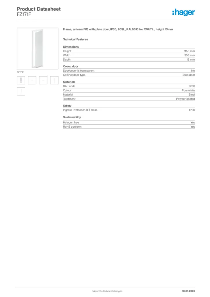 Image Hager Product data sheet FZ171F  | Hager Africa