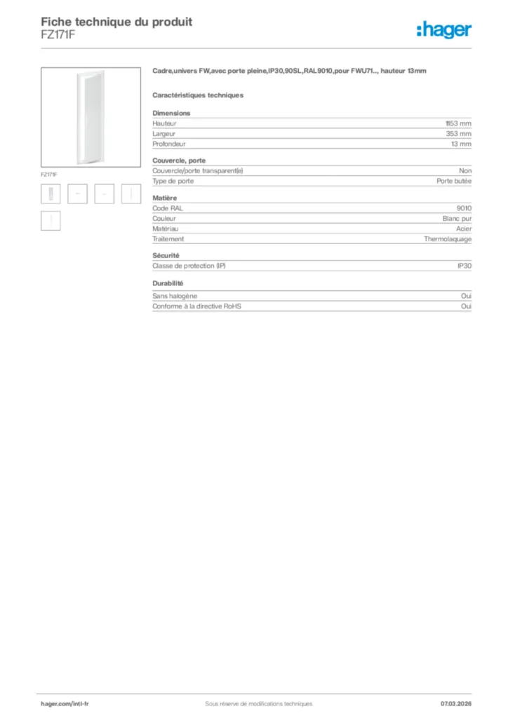 Image Hager Fiche technique du produit FZ171F | Hager Afrique