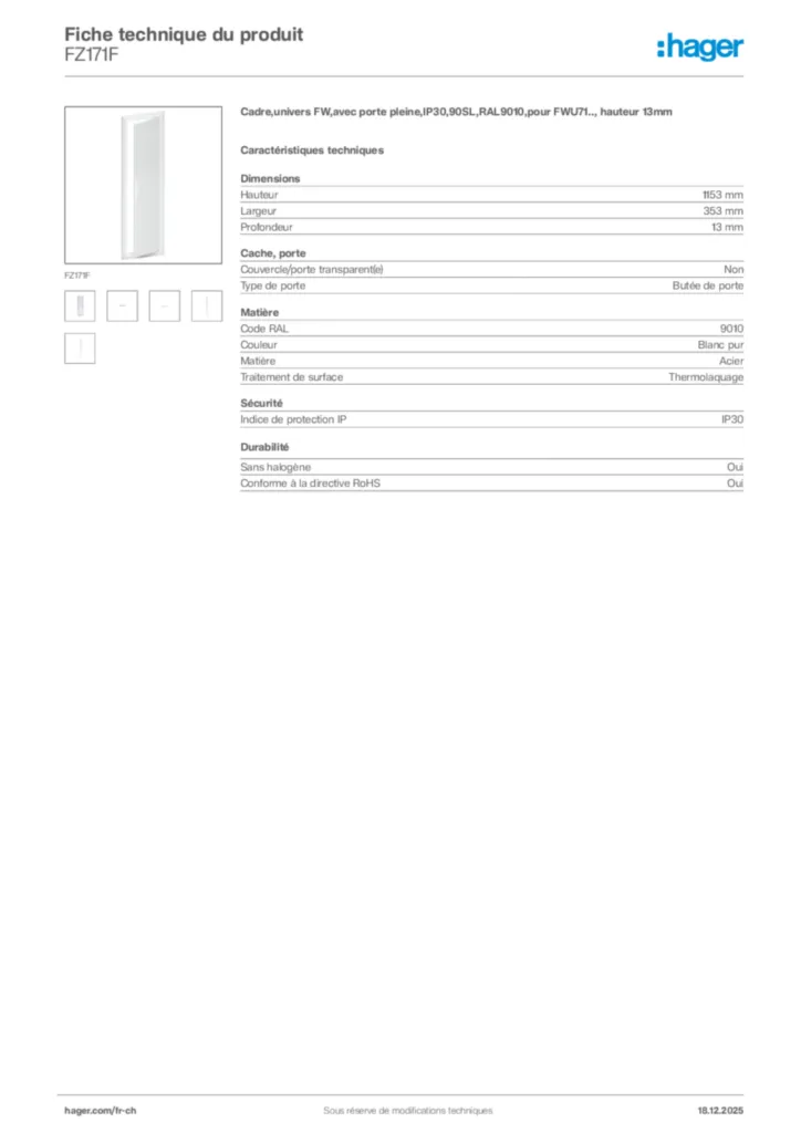 Image Hager Fiche technique du produit FZ171F | Hager Suisse