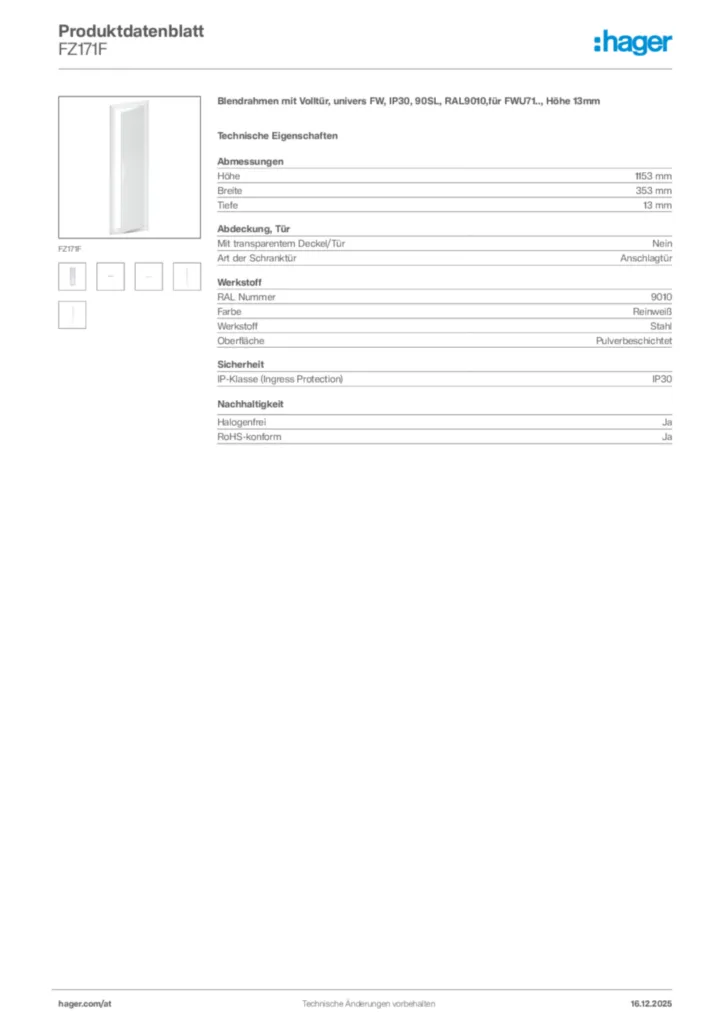 Bild Hager Produktdatenblatt FZ171F | Hager Deutschland