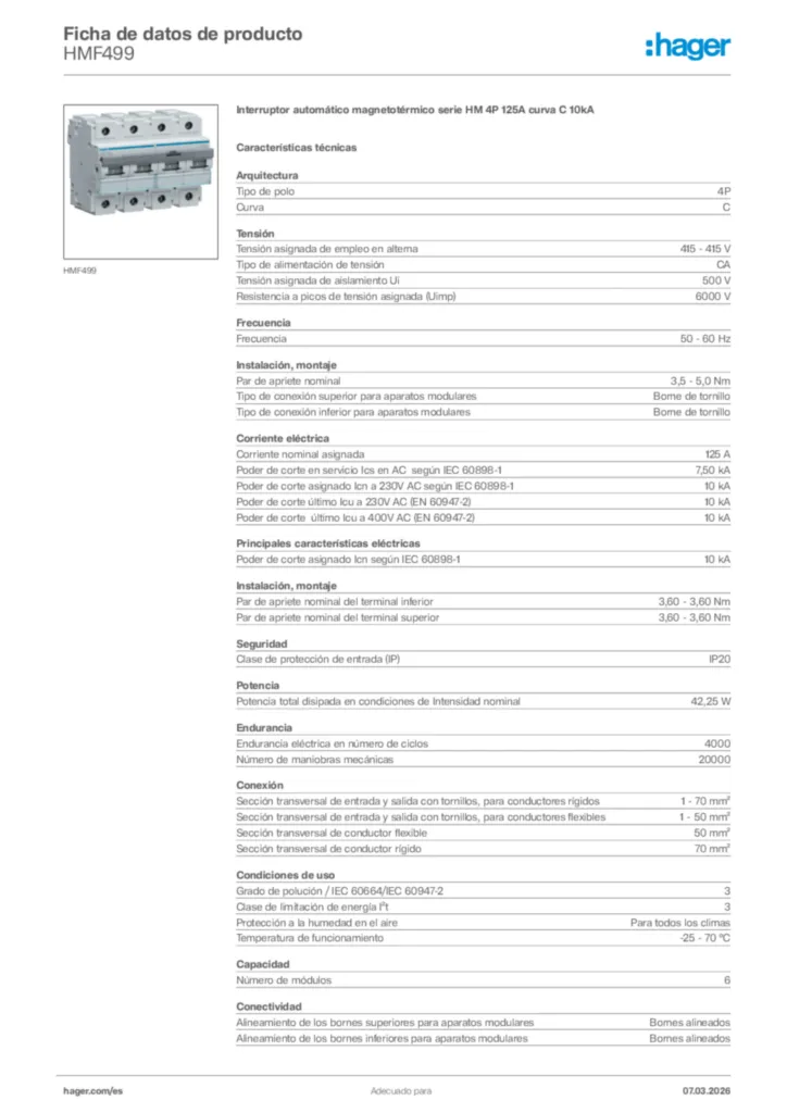 Imagen Hager Ficha de datos de producto HMF499 | Hager España