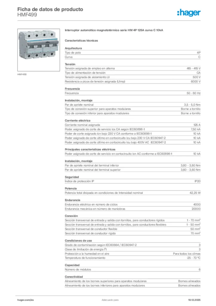 Imagen Hager Ficha de datos de producto HMF499 | Hager España