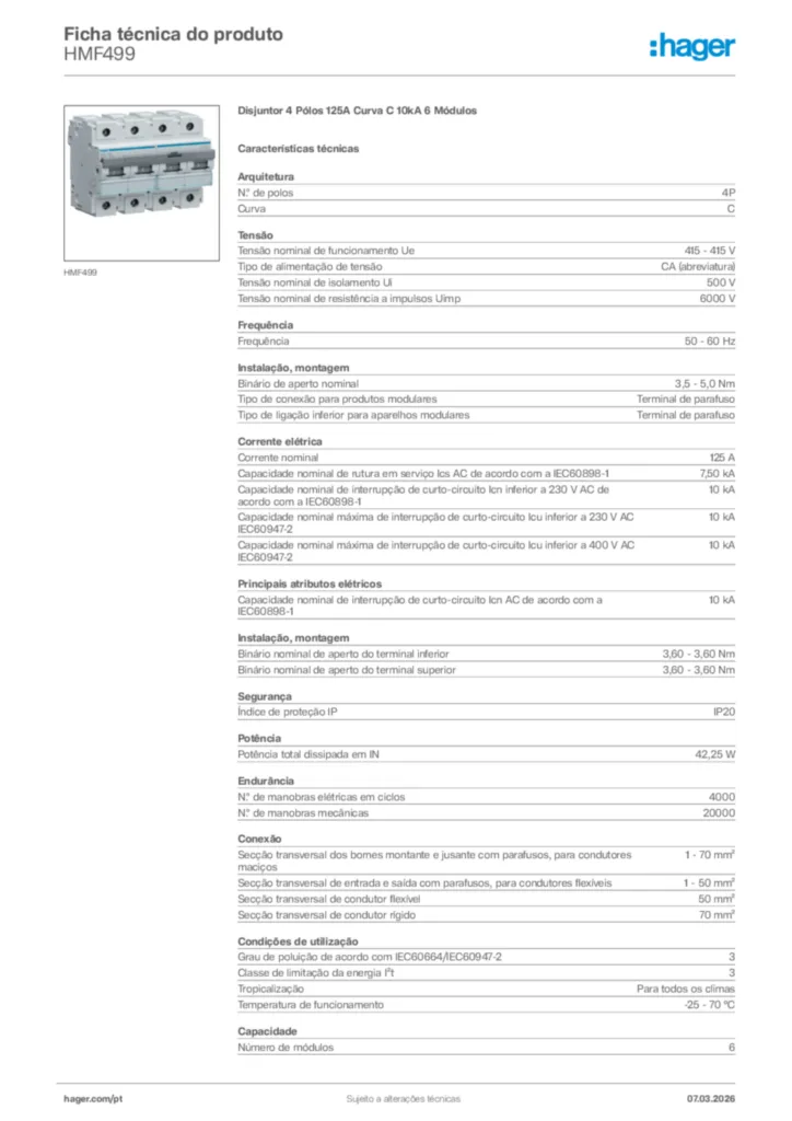 Imagem Hager Ficha técnica do produto HMF499 | Hager Portugal