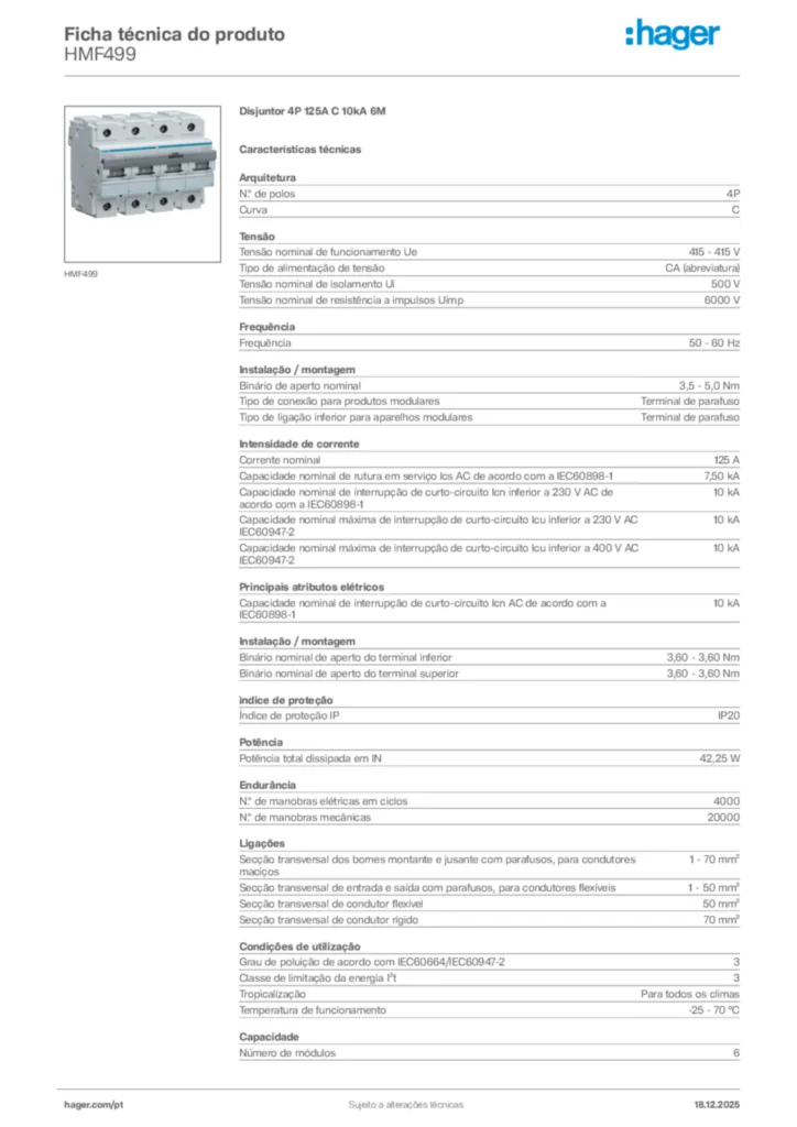 Imagem Hager Ficha técnica do produto HMF499 | Hager Portugal