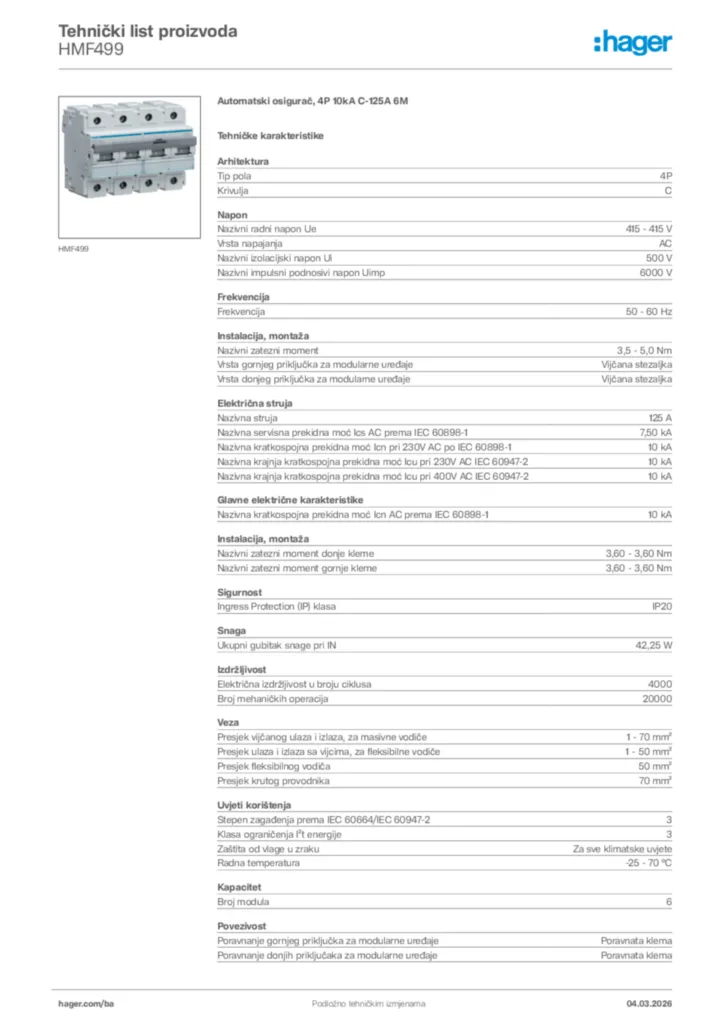 Slika Hager Tehnički list proizvoda HMF499  | Hager
