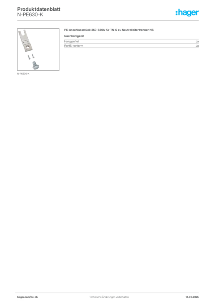 Bild Hager Produktdatenblatt N-PE630-K | Hager Schweiz