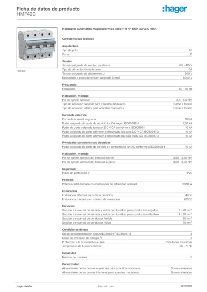 Imagen Hager Ficha de datos de producto HMF490 | Hager España