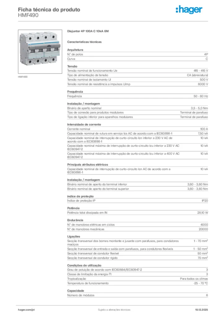 Imagem Hager Ficha técnica do produto HMF490 | Hager Portugal