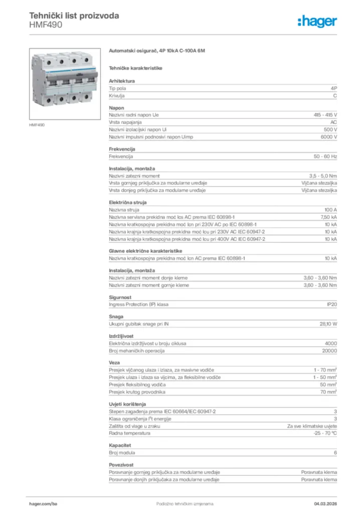 Slika Hager Tehnički list proizvoda HMF490  | Hager