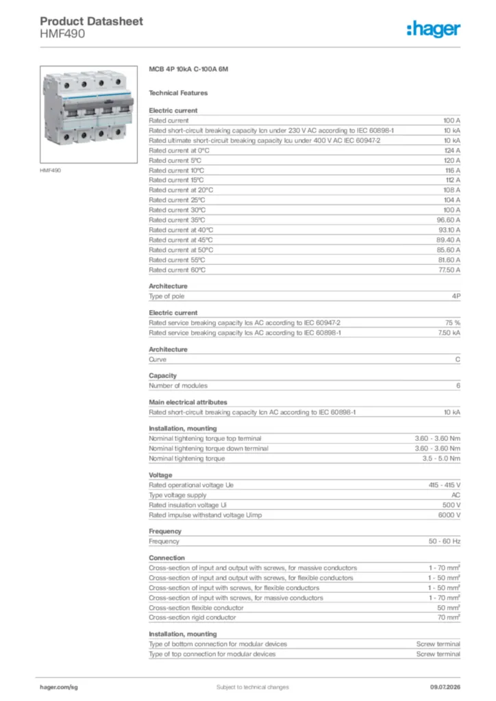 Image Hager Product data sheet HMF490  | Hager