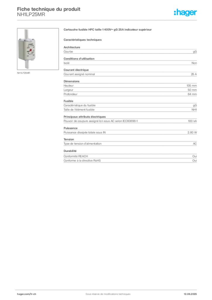 Image Hager Fiche technique du produit NH1LP25MR | Hager Suisse