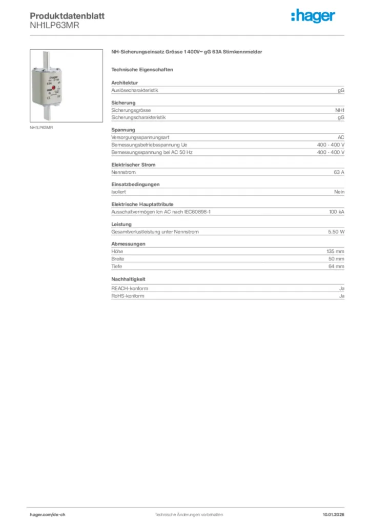 Bild Hager Produktdatenblatt NH1LP63MR | Hager Schweiz