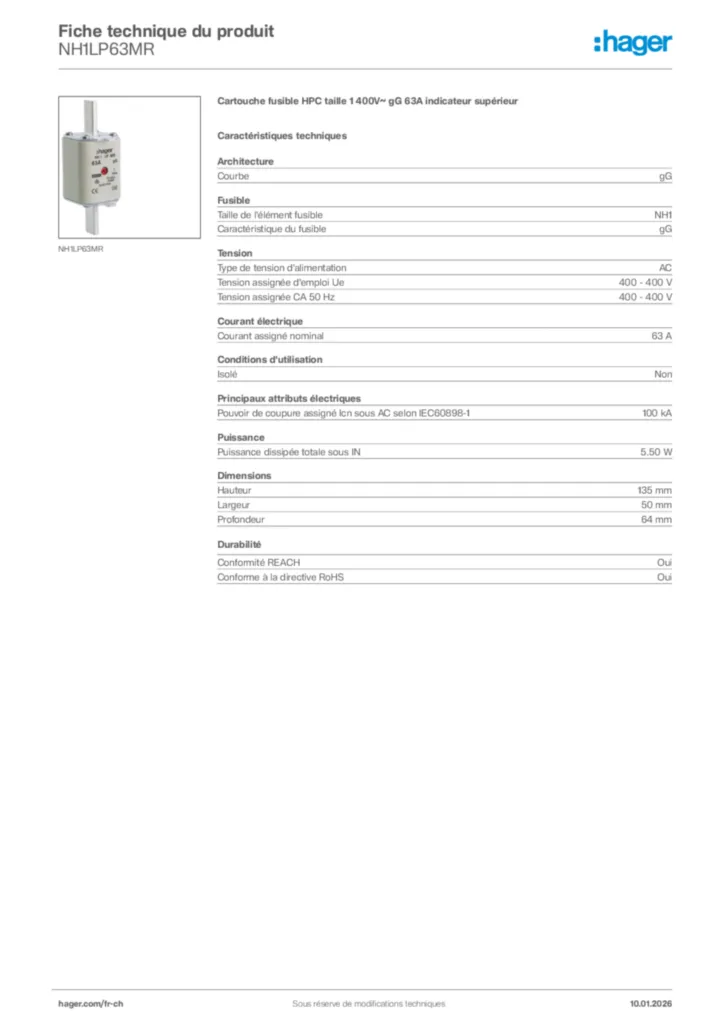 Image Hager Fiche technique du produit NH1LP63MR | Hager Suisse