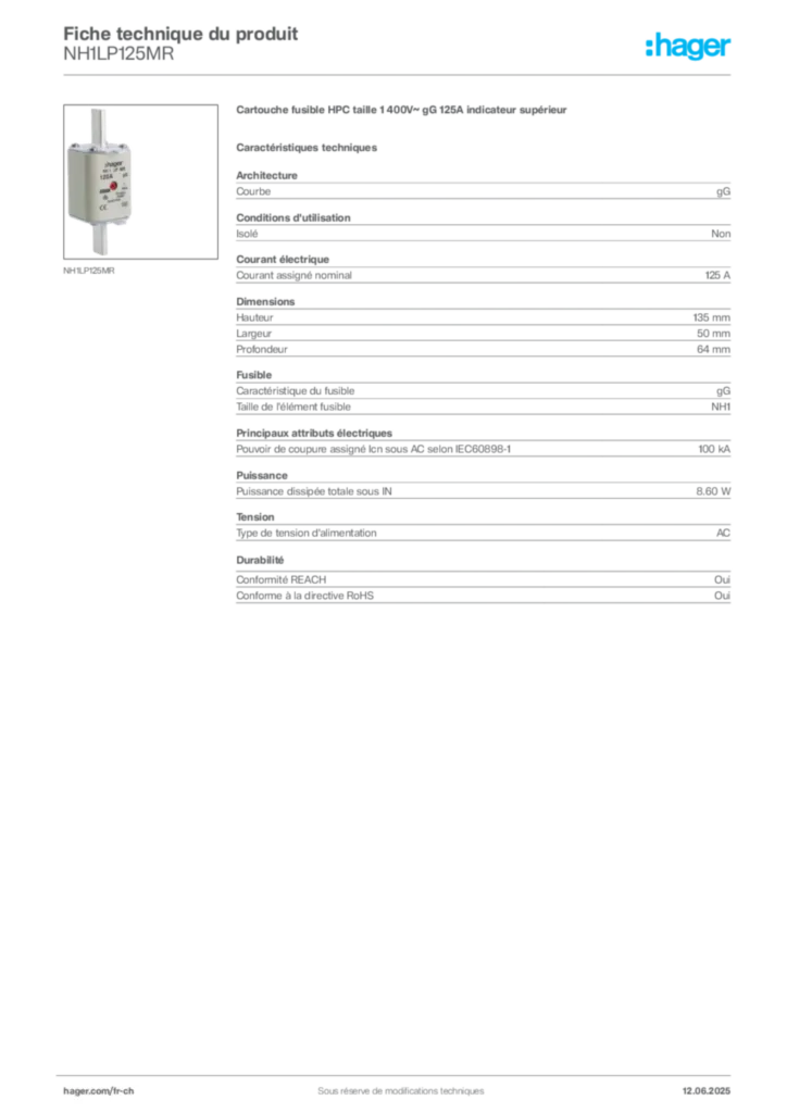 Image Hager Fiche technique du produit NH1LP125MR | Hager Suisse