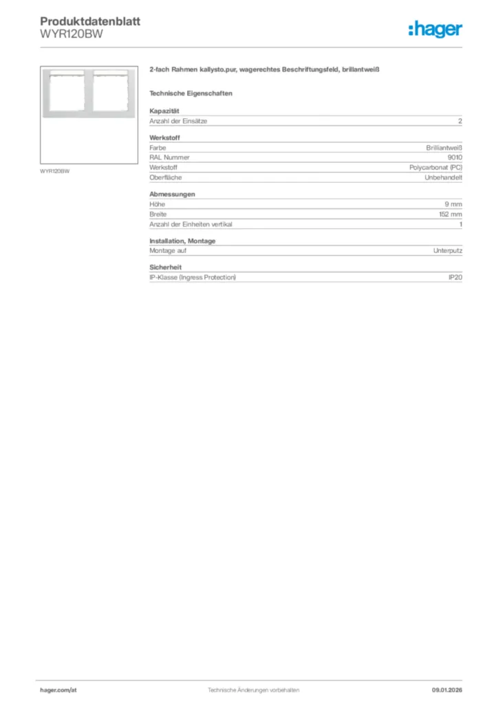 Bild Hager Produktdatenblatt WYR120BW | Hager Deutschland