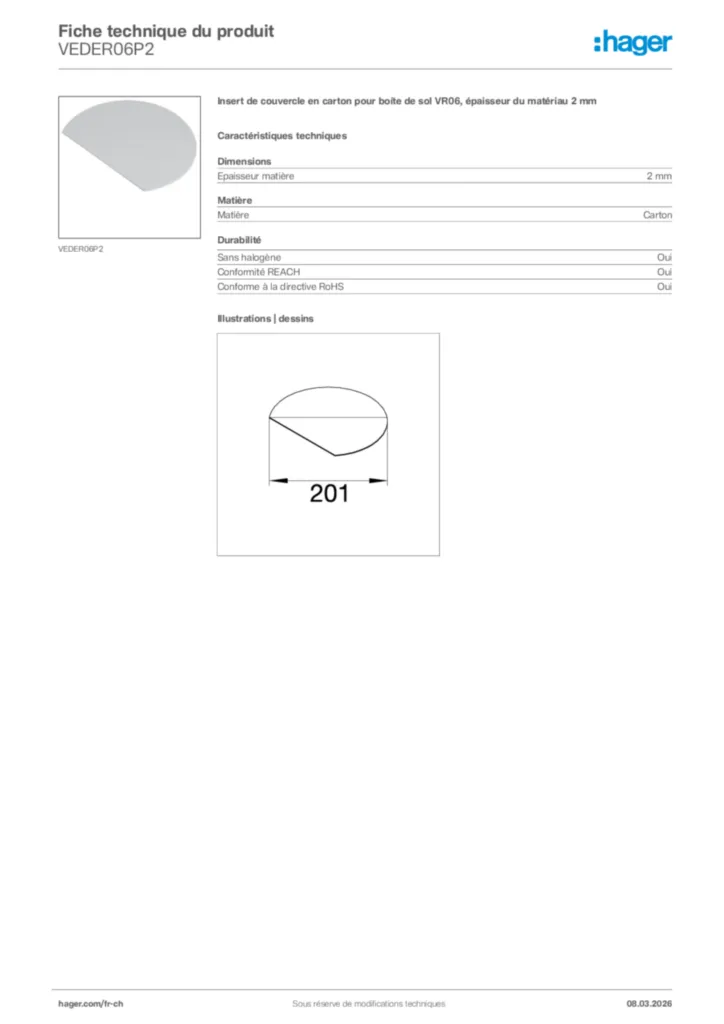 Image Hager Fiche technique du produit VEDER06P2 | Hager Suisse