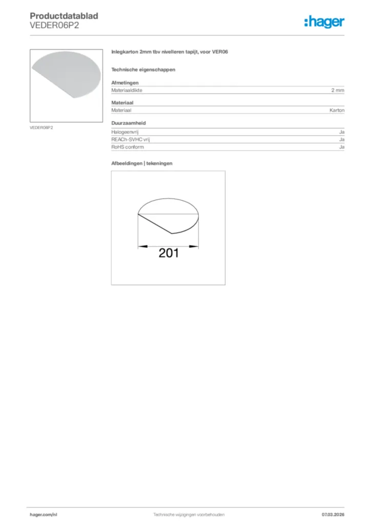 Afbeelding Hager Productdatablad VEDER06P2 | Hager Nederland
