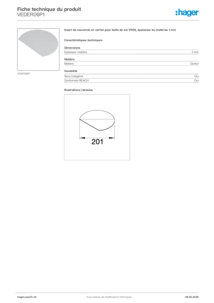 Image Hager Fiche technique du produit VEDER06P1 | Hager Suisse