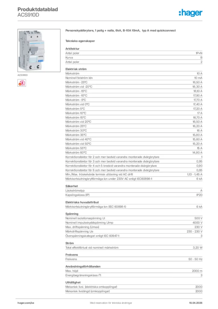 Bild Hager Produktdatablad ACS910D | Hager Sverige