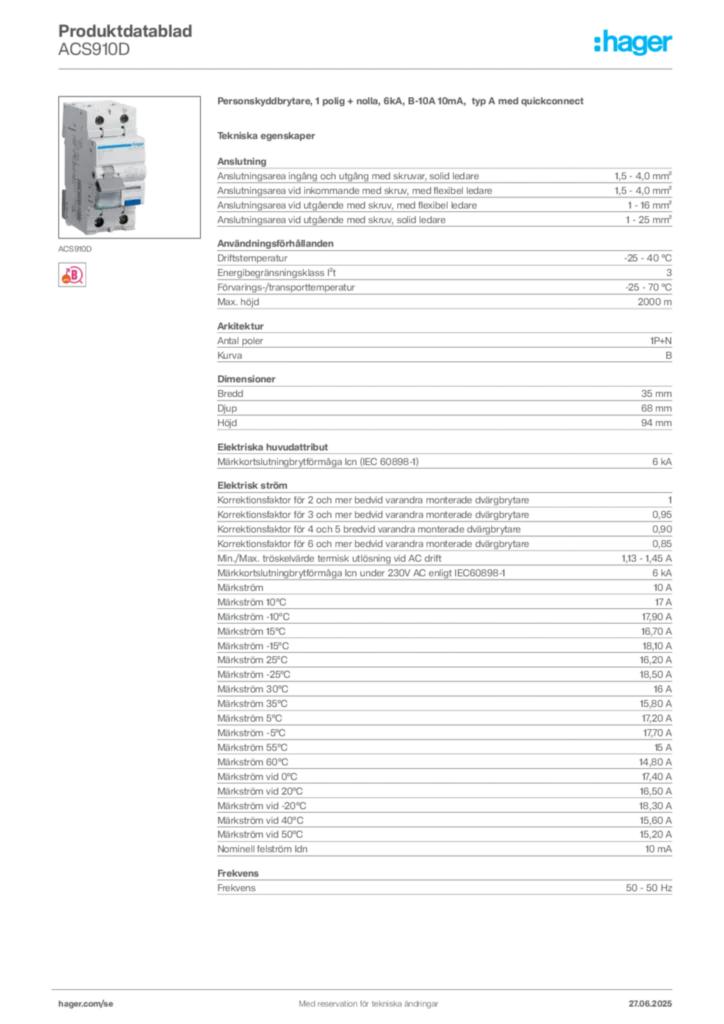 Bild Hager Produktdatablad ACS910D | Hager Sverige