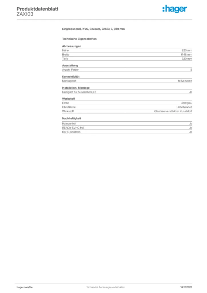 Bild Hager Produktdatenblatt ZAX103 | Hager Deutschland