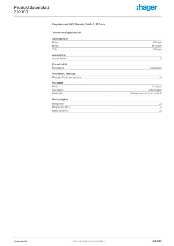 Bild Hager Produktdatenblatt ZAX103 | Hager Deutschland