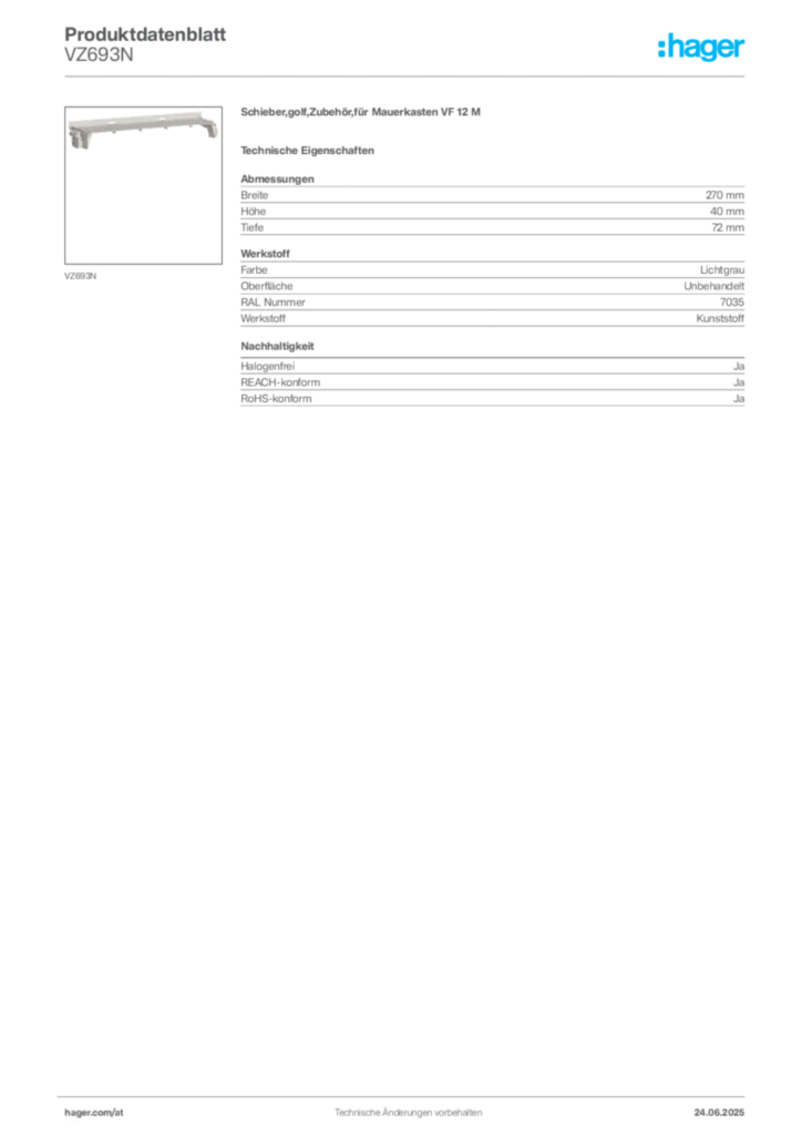 Bild Hager Produktdatenblatt VZ693N | Hager Deutschland