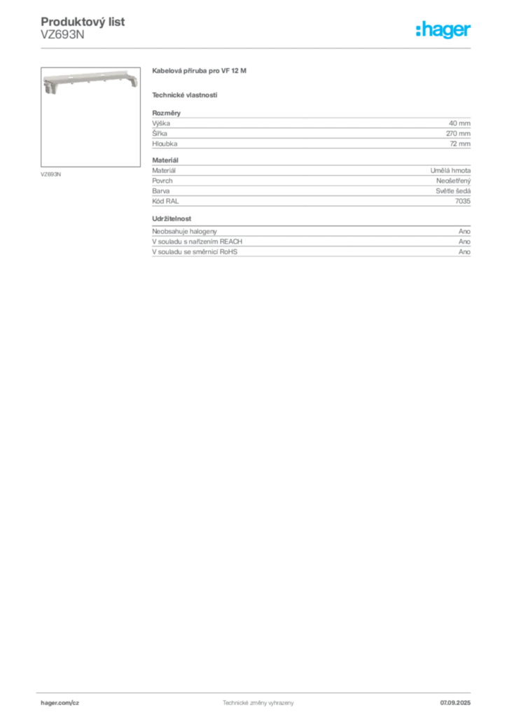 Obrázek Hager Produktový list VZ693N | Hager