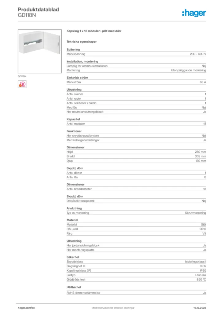 Bild Hager Produktdatablad GD118N | Hager Sverige