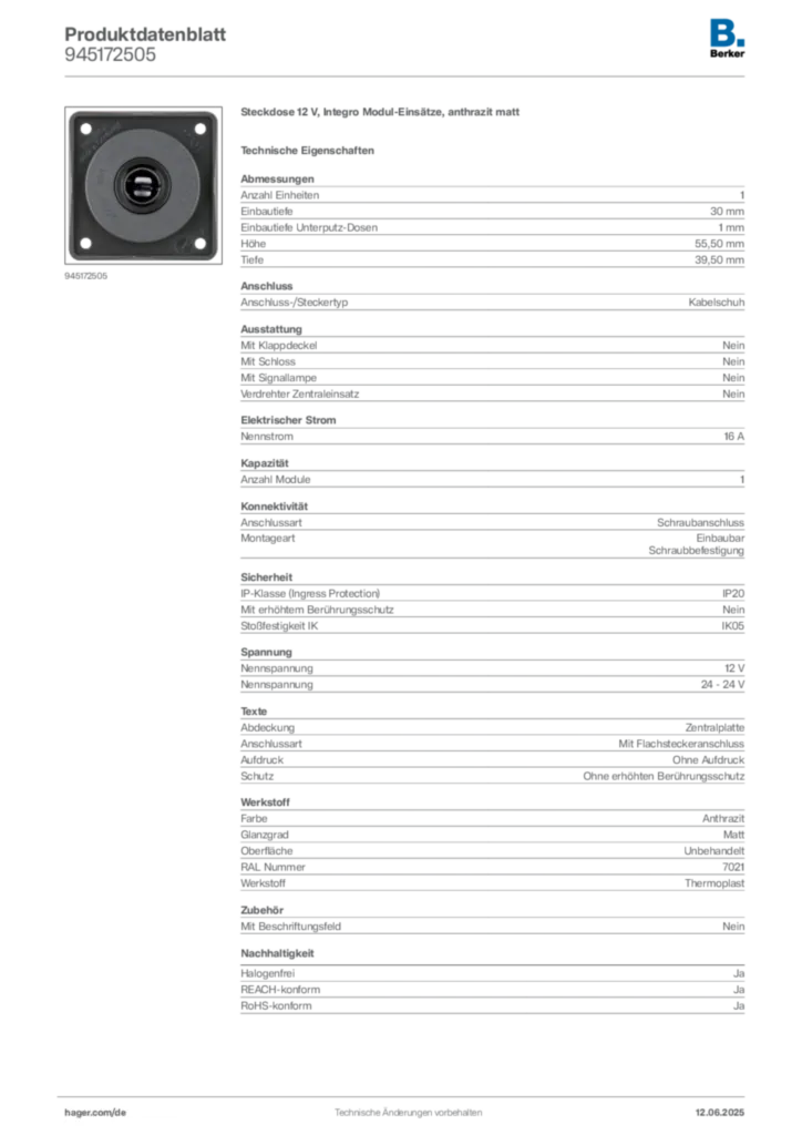 Bild Berker Produktdatenblatt 945172505 | Hager Deutschland