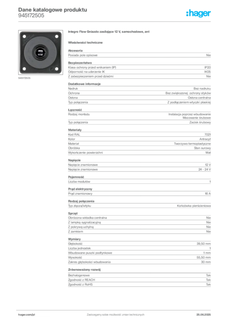 Zdjęcie Hager Karta katalogowa 945172505 | Hager Polska