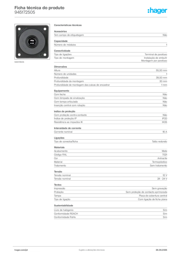 Imagem Hager Ficha técnica do produto 945172505 | Hager Portugal