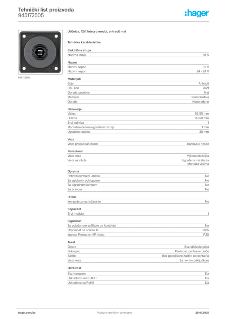 Slika Hager Product data sheet 945172505  | Hager