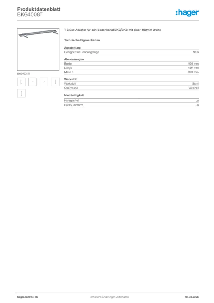 Bild Hager Produktdatenblatt BKG4008T | Hager Schweiz