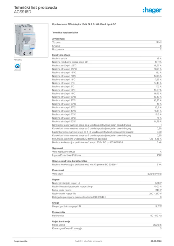 Slika Hager Tehnički list proizvoda ACS916D  | Hager