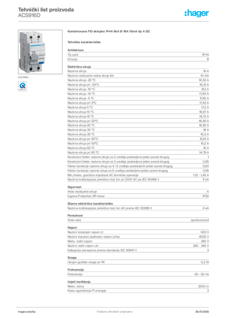 Slika Hager Product data sheet ACS916D  | Hager