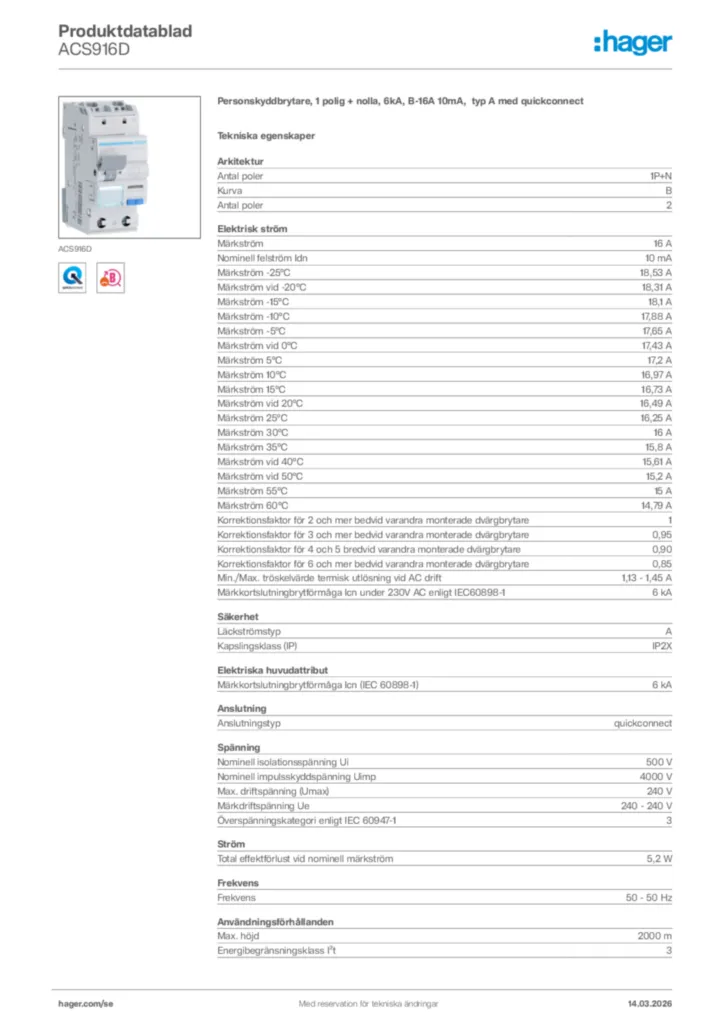 Bild Hager Produktdatablad ACS916D | Hager Sverige