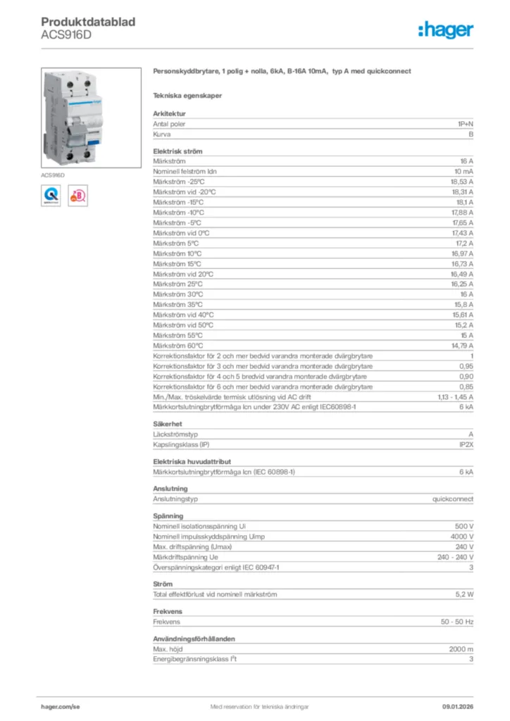 Bild Hager Produktdatablad ACS916D | Hager Sverige