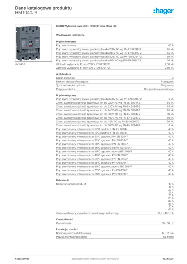 Zdjęcie Hager Karta katalogowa HMT040JR | Hager Polska