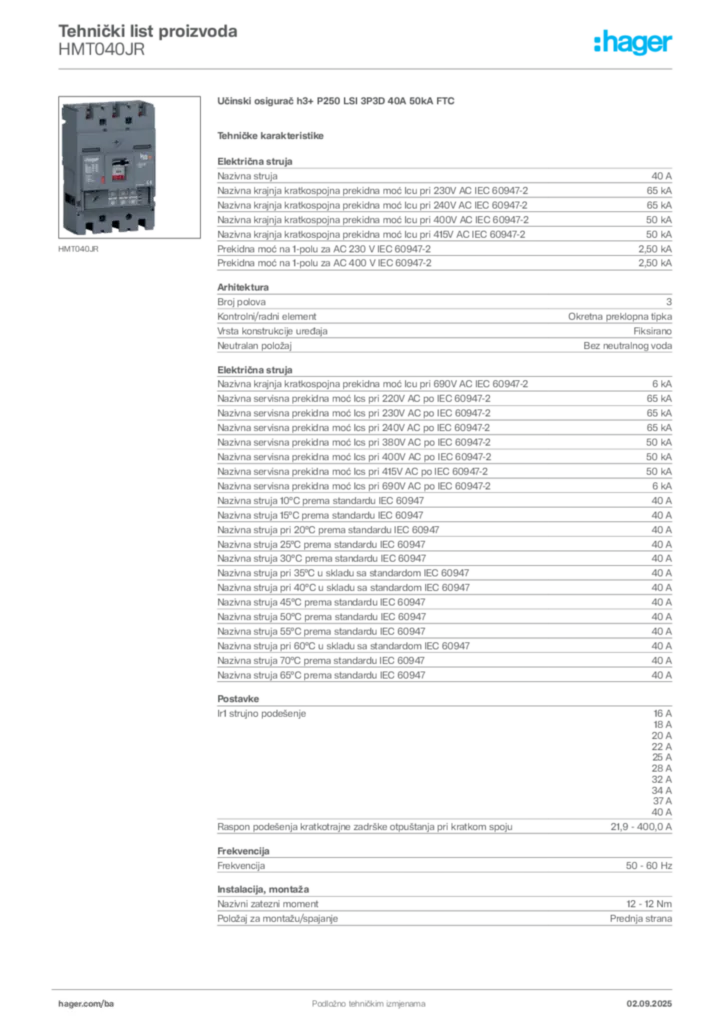 Slika Hager Tehnički list proizvoda HMT040JR  | Hager