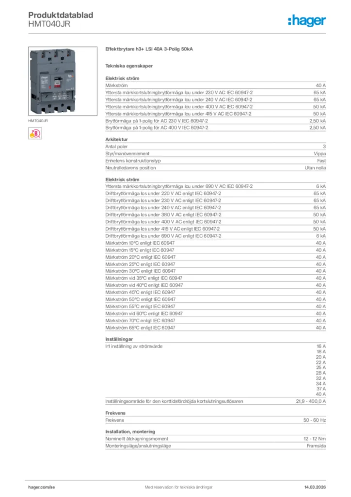 Bild Hager Produktdatablad HMT040JR | Hager Sverige