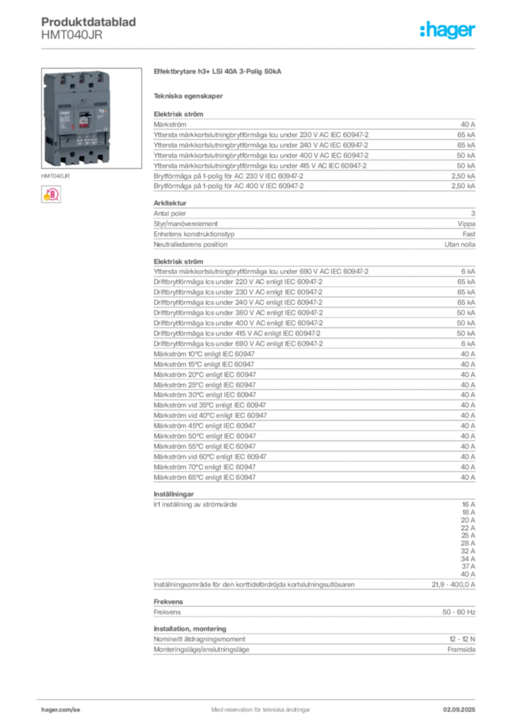 Bild Hager Produktdatablad HMT040JR | Hager Sverige