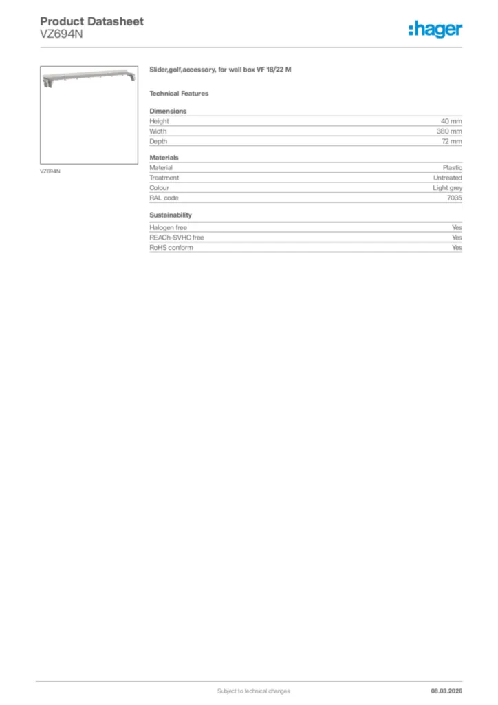Image Hager Product data sheet VZ694N  | Hager Africa