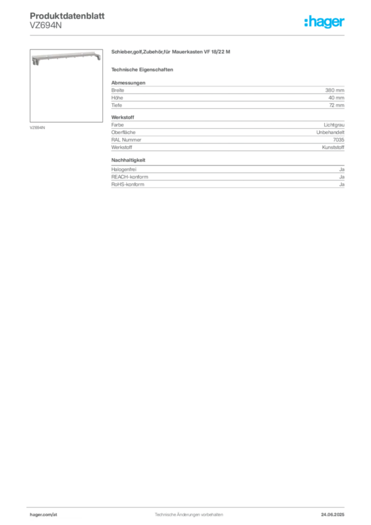 Bild Hager Produktdatenblatt VZ694N | Hager Deutschland